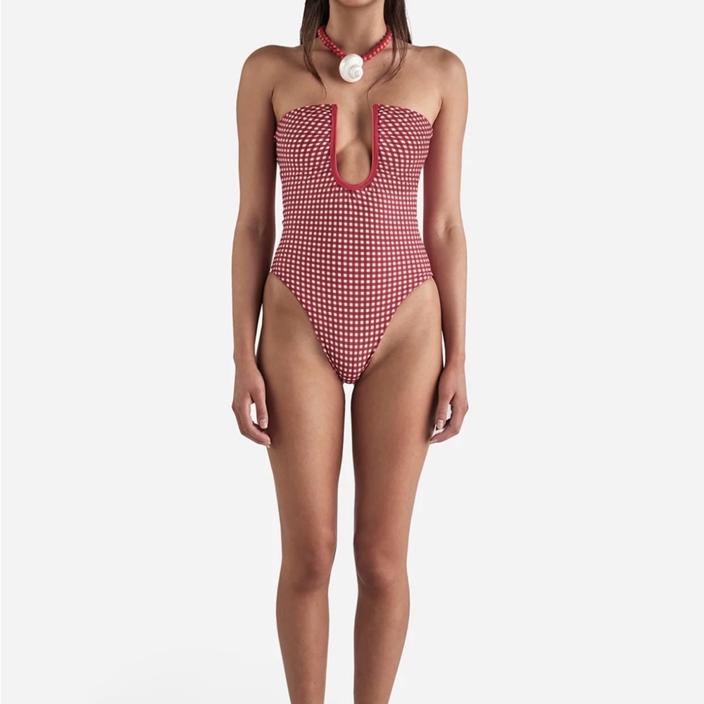 Strapless Red Gingham Plunge One-Piece Swimsuit